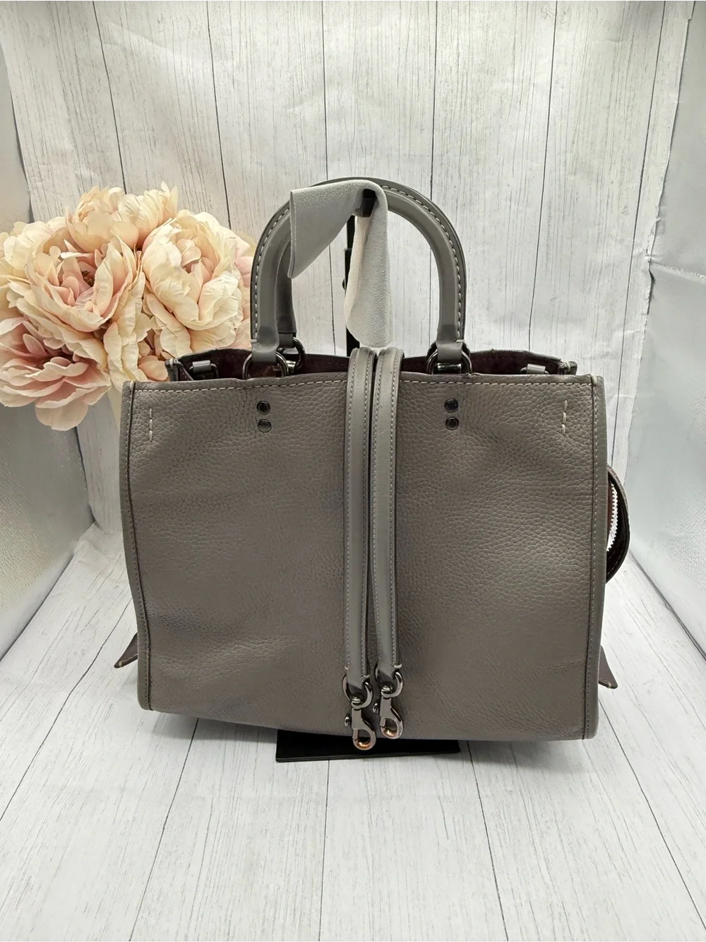 Coach Rogue 31 Grey Pebbled Leather with Maroon Side Panels. Model 23755